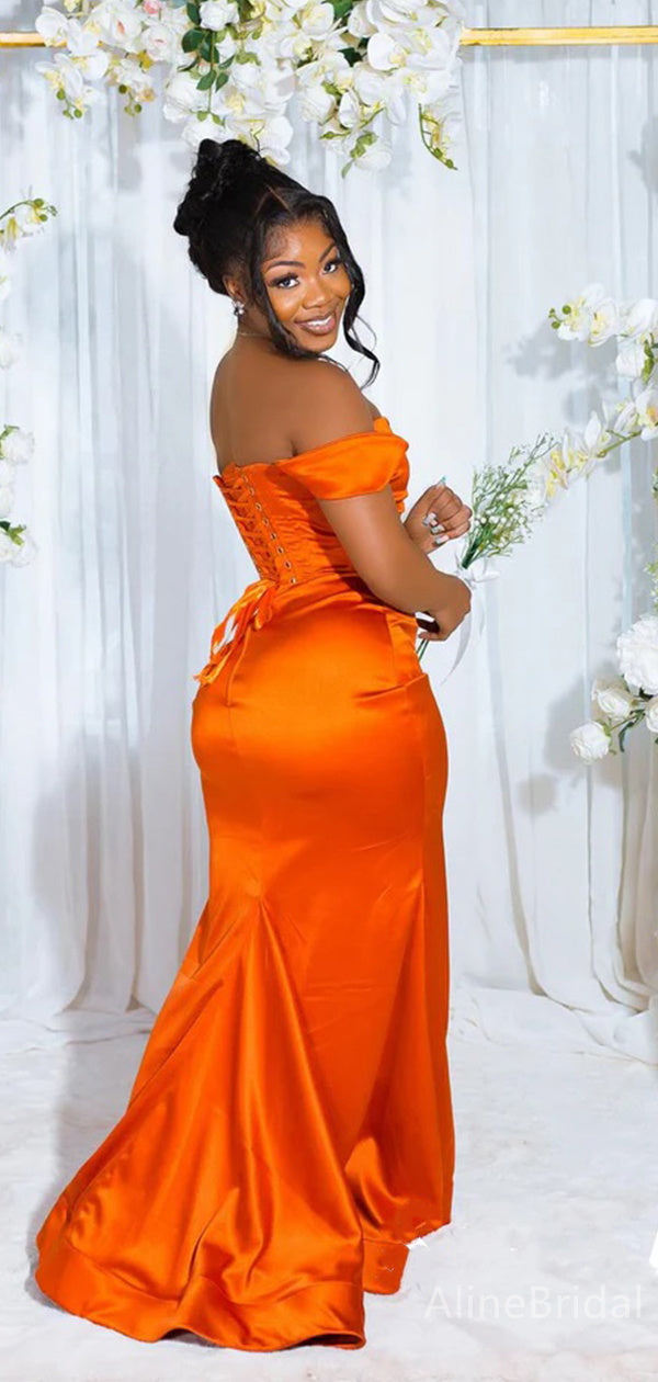 Elegant Burnt Orange Off the Shoulder Mermaid Long Bridesmaid Dress, PD3194