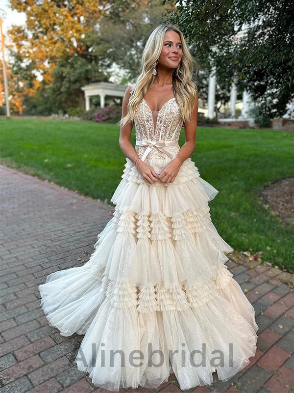 Elegant Ivory V-neck Sleeveless A-line Long Prom Dress, PD3575