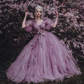 Elegant Lavender V-neck Half-sleeve Tulle A-line Long Prom Dress, PD3225