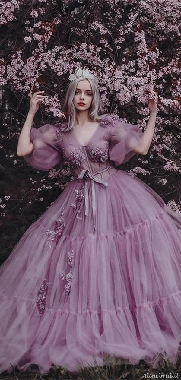 Elegant Lavender V-neck Half-sleeve Tulle A-line Long Prom Dress, PD3225