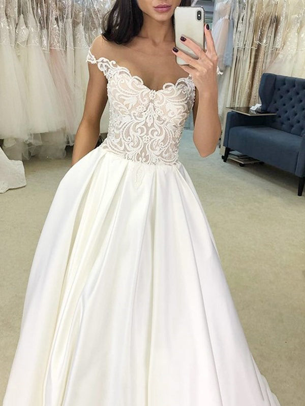 Elegant Off Shoulder Lace Top A Line Long Wedding Dresses, WD1113
