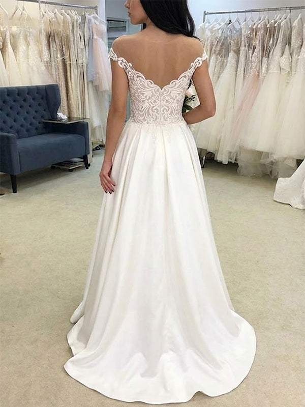 Elegant Off Shoulder Lace Top A Line Long Wedding Dresses, WD1113