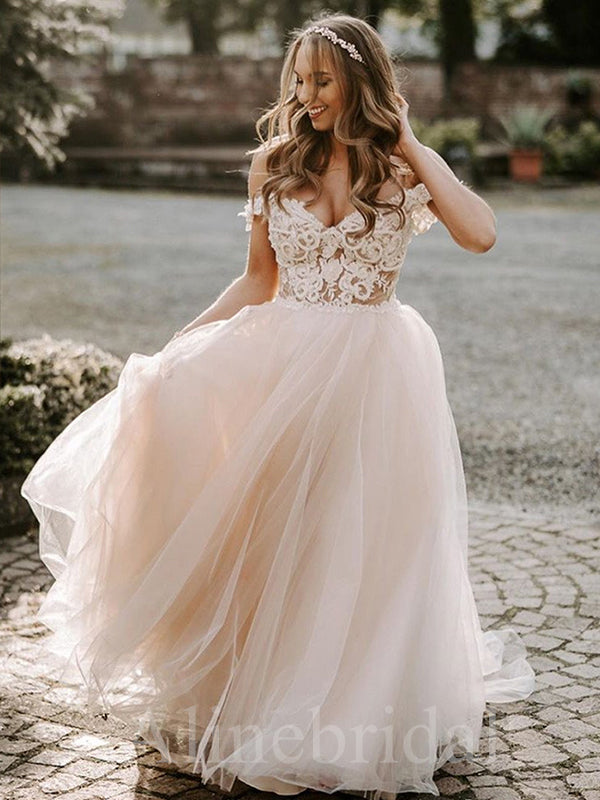 Elegant Off the Shoulder Flora Lace A-line Wedding Dresses,WD3050