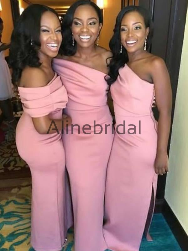 Elegant Pink Satin One Shoulder Mermaid Long Bridesmaid Dress, AB4244