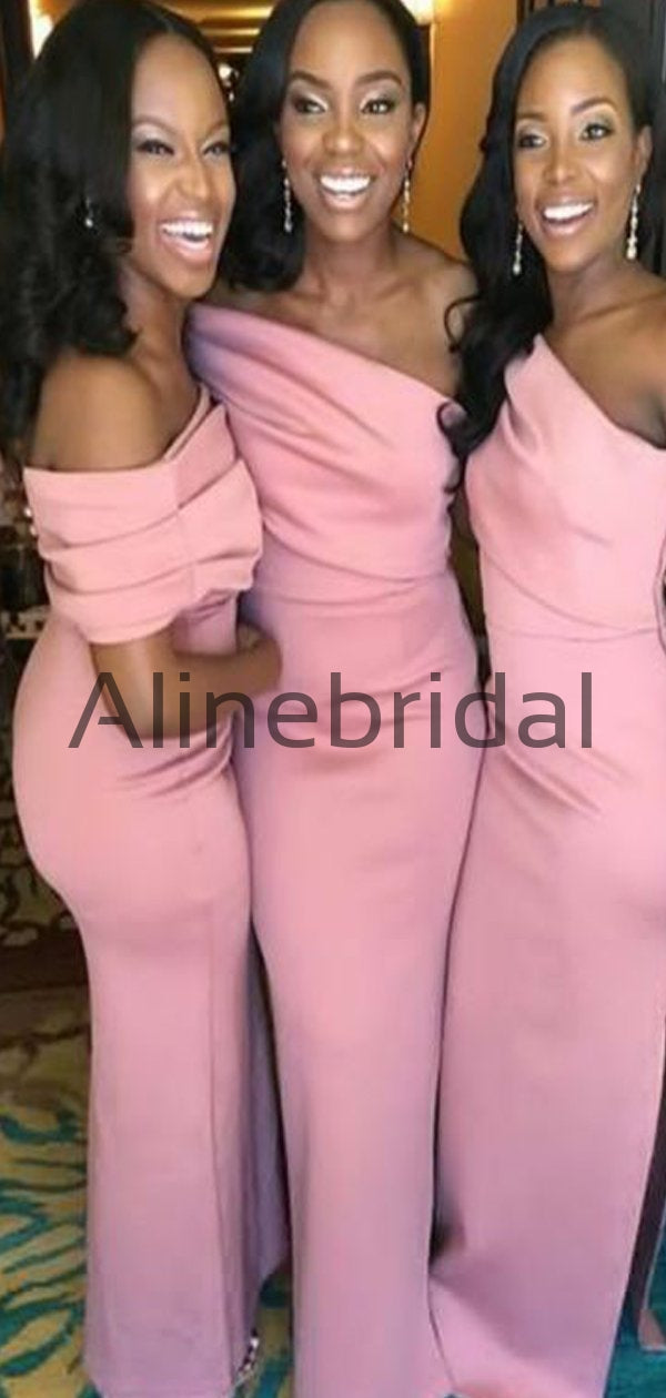 Elegant Pink Satin One Shoulder Mermaid Long Bridesmaid Dress, AB4244
