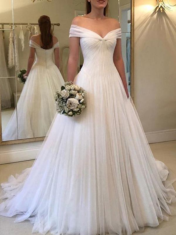 Elegant Pleated Off The Shoulder A-line Ciffon Wedding Dress, WD1106
