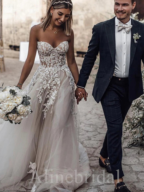 Elegant Strapless A-line Lace applique Tulle Wedding Dresses, WD3051