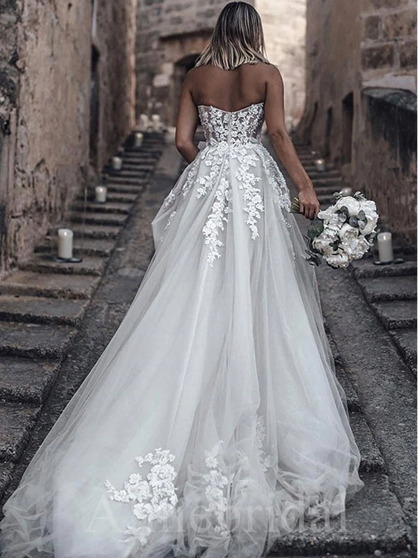 Elegant Strapless A-line Lace applique Tulle Wedding Dresses, WD3051