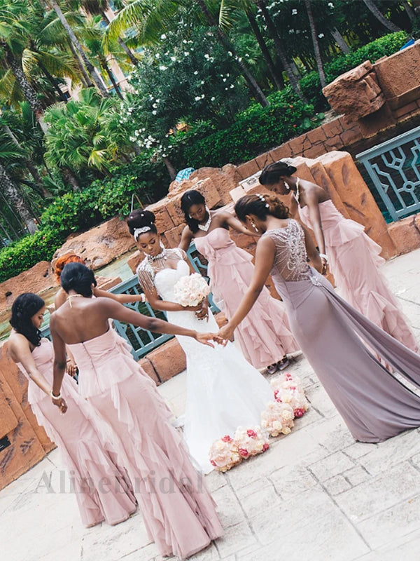 Elegant Sweetheart Strapless Ruffles A-line Long Chiffon Bridesmaid Dress, PD3147