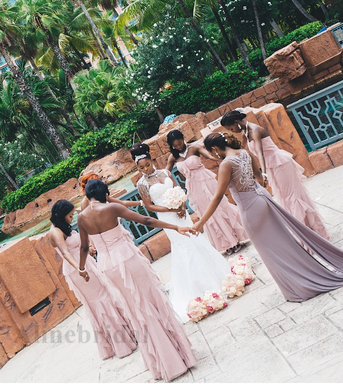 Elegant Sweetheart Strapless Ruffles A-line Long Chiffon Bridesmaid Dress, PD3147