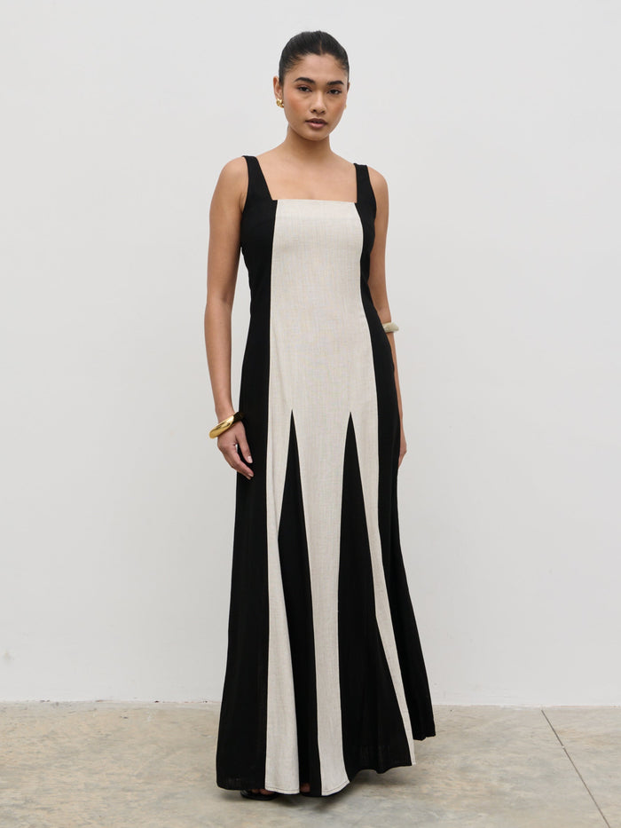 Candy Is 5'6" & Wears Size UK 8|Ella Square Neck Contrast Maxi Dress - Natural and Black