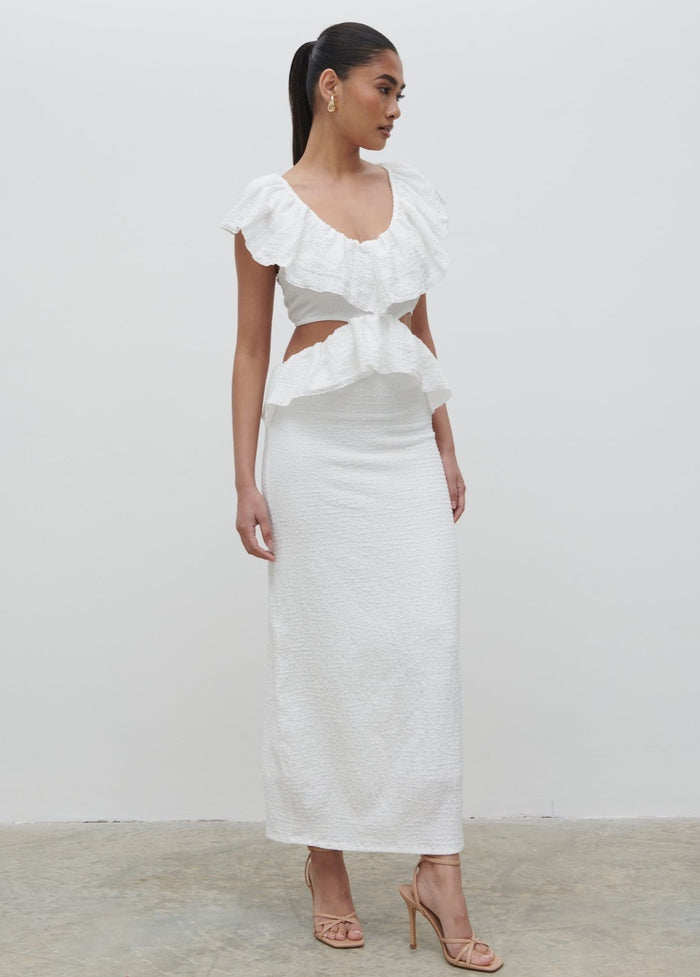 Candy Is 5'6" & Wears Size UK S|Ellis Crinkle Ruffle Jersey Dress - Cream