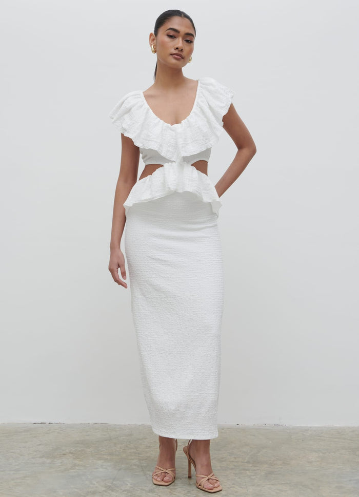 Candy Is 5'6" & Wears Size UK S|Ellis Crinkle Ruffle Jersey Dress - Cream