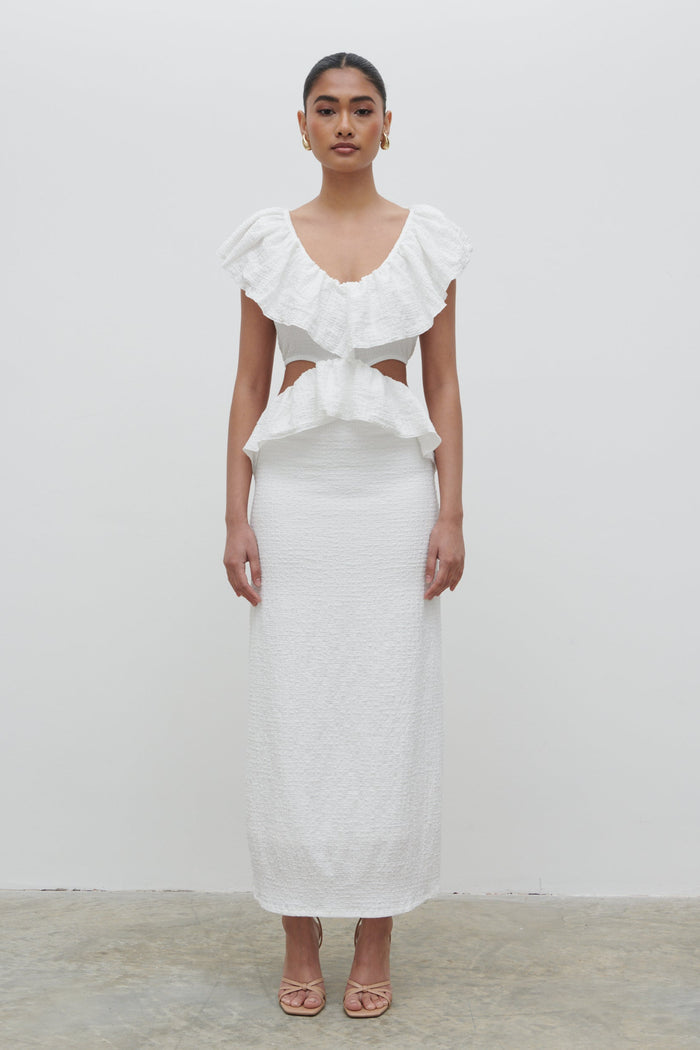 Candy Is 5'6" & Wears Size UK S|Ellis Crinkle Ruffle Jersey Dress - Cream