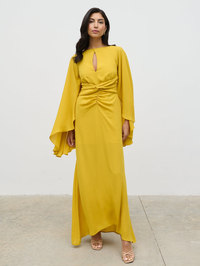 Lygia Is 5'9" & Wears Size UK 8|Ellison Cape Knot Maxi Dress - Yellow Ochre