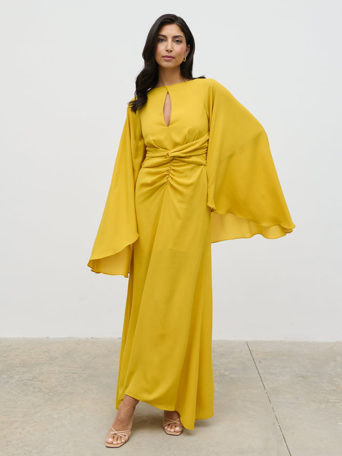 Lygia Is 5'9" & Wears Size UK 8|Ellison Cape Knot Maxi Dress - Yellow Ochre