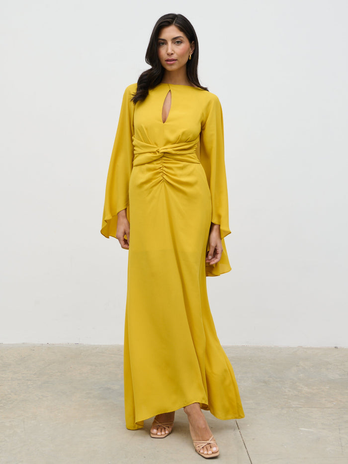 Lygia Is 5'9" & Wears Size UK 8|Ellison Cape Knot Maxi Dress - Yellow Ochre