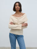 Nayha Is 5'9.5" & Wears Size UK S|Elora Bardot Button Front Knit Top - Oatmeal