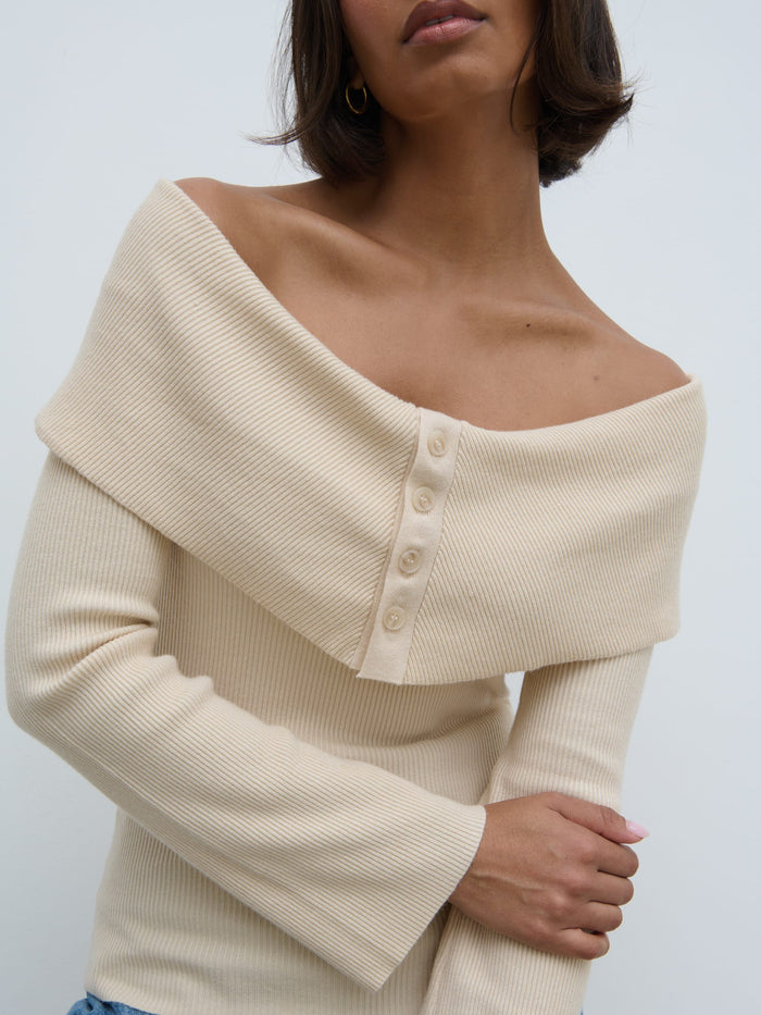 Nayha Is 5'9.5" & Wears Size UK S|Elora Bardot Button Front Knit Top - Oatmeal