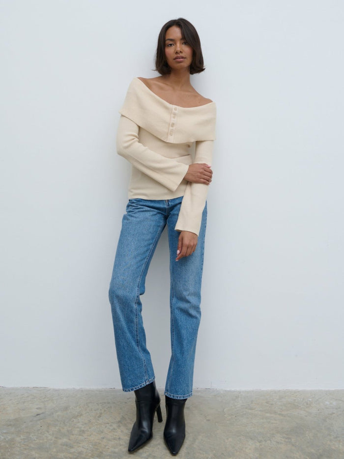 Nayha Is 5'9.5" & Wears Size UK S|Elora Bardot Button Front Knit Top - Oatmeal