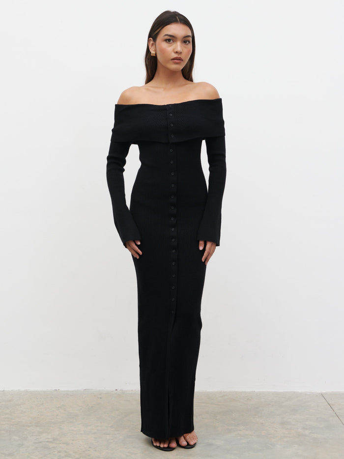 Lana is 5.9.5" & Wears Size UK S|Elora Bardot Knit Maxi Dress - Black