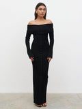 Lana is 5.9.5" & Wears Size UK S|Elora Bardot Knit Maxi Dress - Black