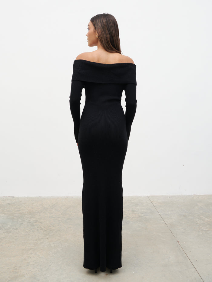 Lana is 5.9.5" & Wears Size UK S|Elora Bardot Knit Maxi Dress - Black