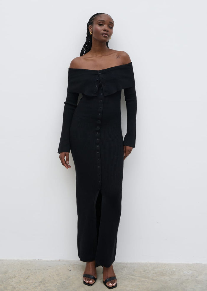 Ayo Is 5'9" & Wears Size UK S|Elora Bardot Knit Maxi Dress - Black
