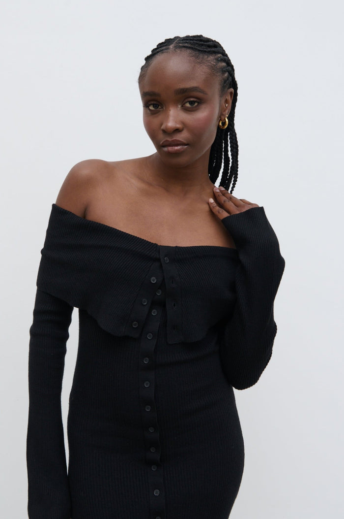 Ayo Is 5'9" & Wears Size UK S|Elora Bardot Knit Maxi Dress - Black