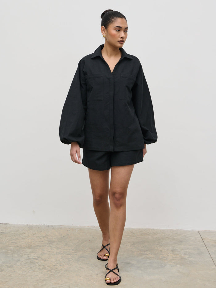 Candy Is 5'6" & Wears Size UK 8|Emerson Balloon Sleeve Shirt - Black