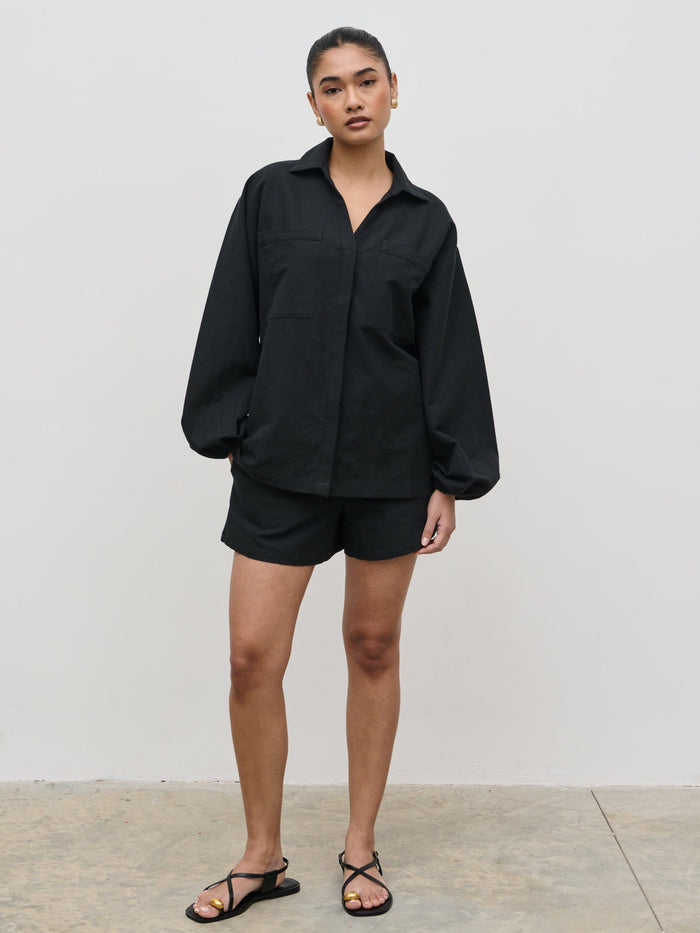 Candy Is 5'6" & Wears Size UK 8|Emerson Balloon Sleeve Shirt - Black