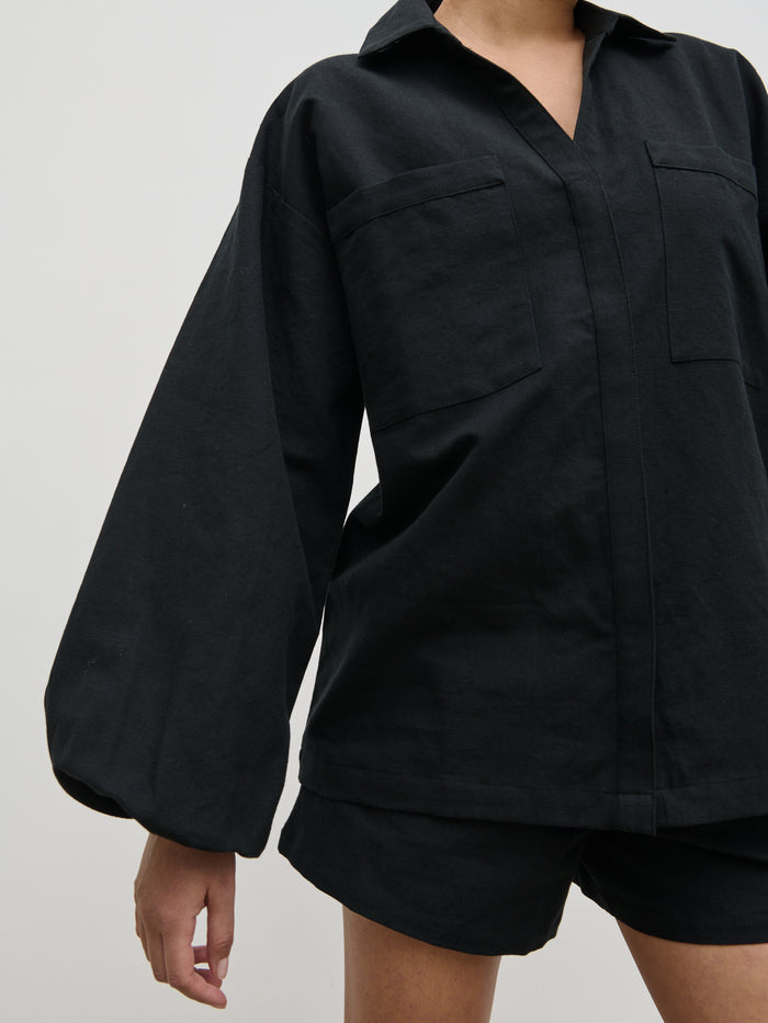 Candy Is 5'6" & Wears Size UK 8|Emerson Balloon Sleeve Shirt - Black