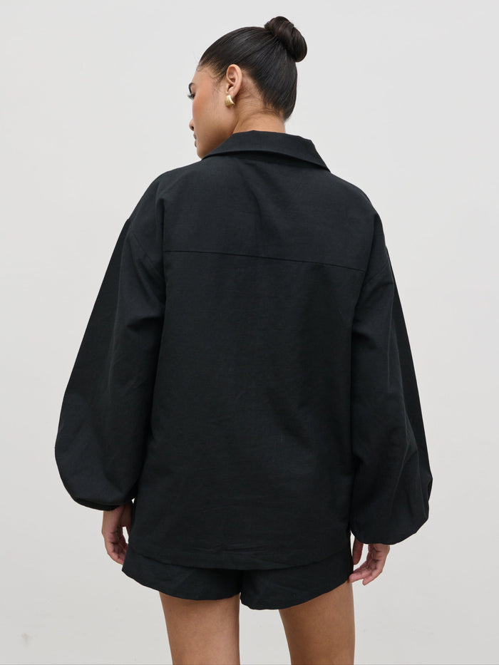 Candy Is 5'6" & Wears Size UK 8|Emerson Balloon Sleeve Shirt - Black