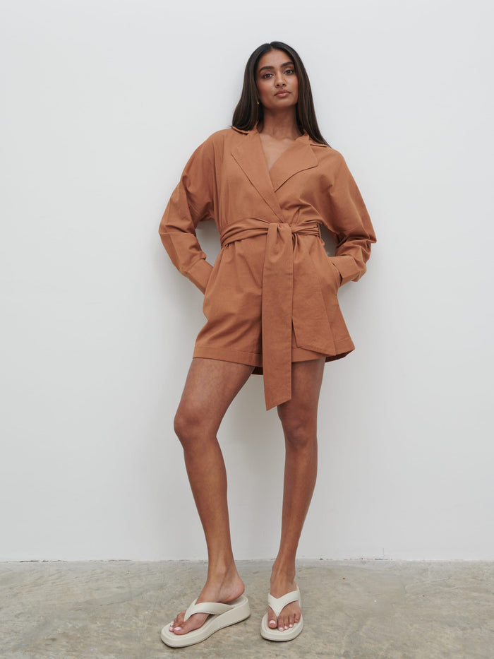 Sachi Is 5’7” & Wears Size UK 8|Emilie Belted Playsuit - Biscuit