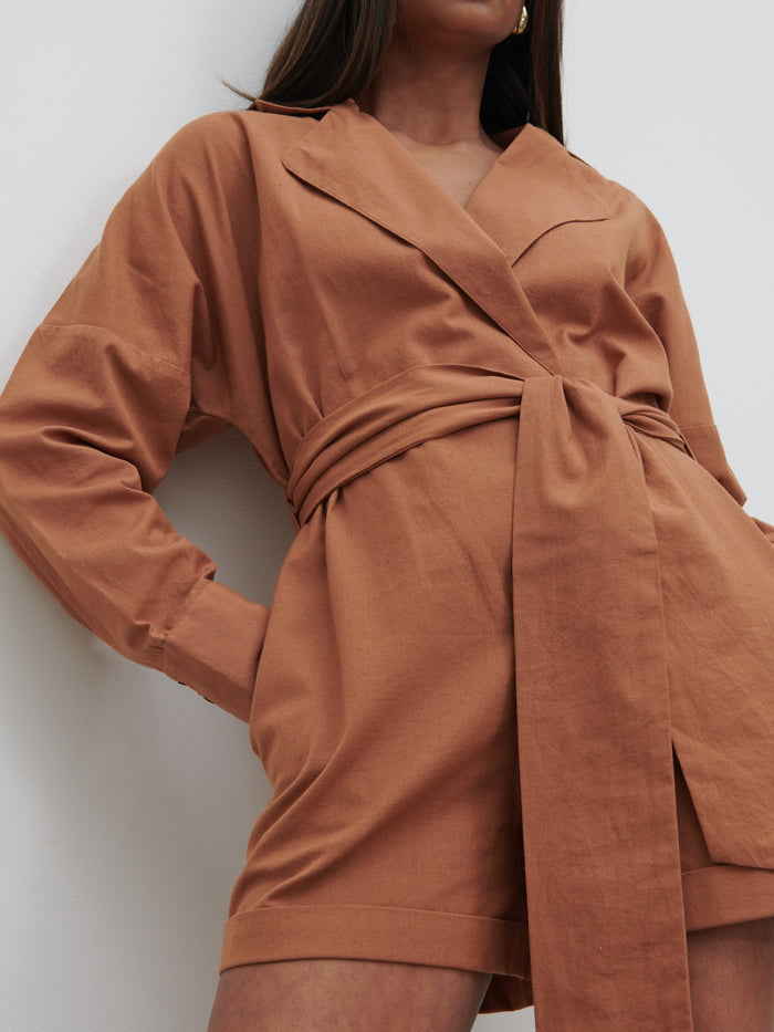 Sachi Is 5’7” & Wears Size UK 8|Emilie Belted Playsuit - Biscuit