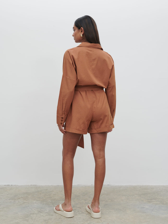 Sachi Is 5’7” & Wears Size UK 8|Emilie Belted Playsuit - Biscuit