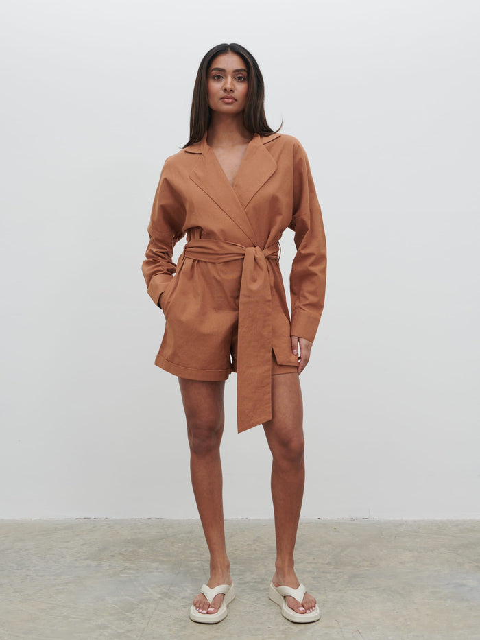 Sachi Is 5’7” & Wears Size UK 8|Emilie Belted Playsuit - Biscuit