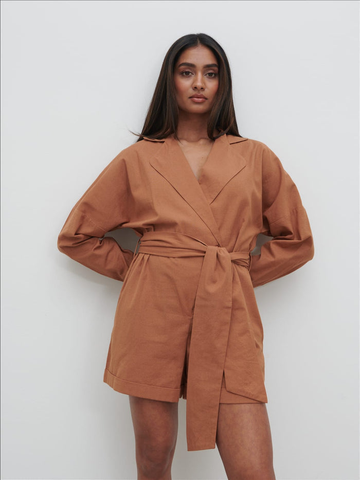 Sachi Is 5’7” & Wears Size UK 8|Emilie Belted Playsuit - Biscuit