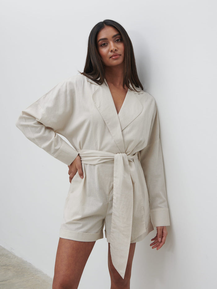 Sachi Is 5’7” & Wears Size UK 8|Emilie Belted Playsuit - Oatmeal