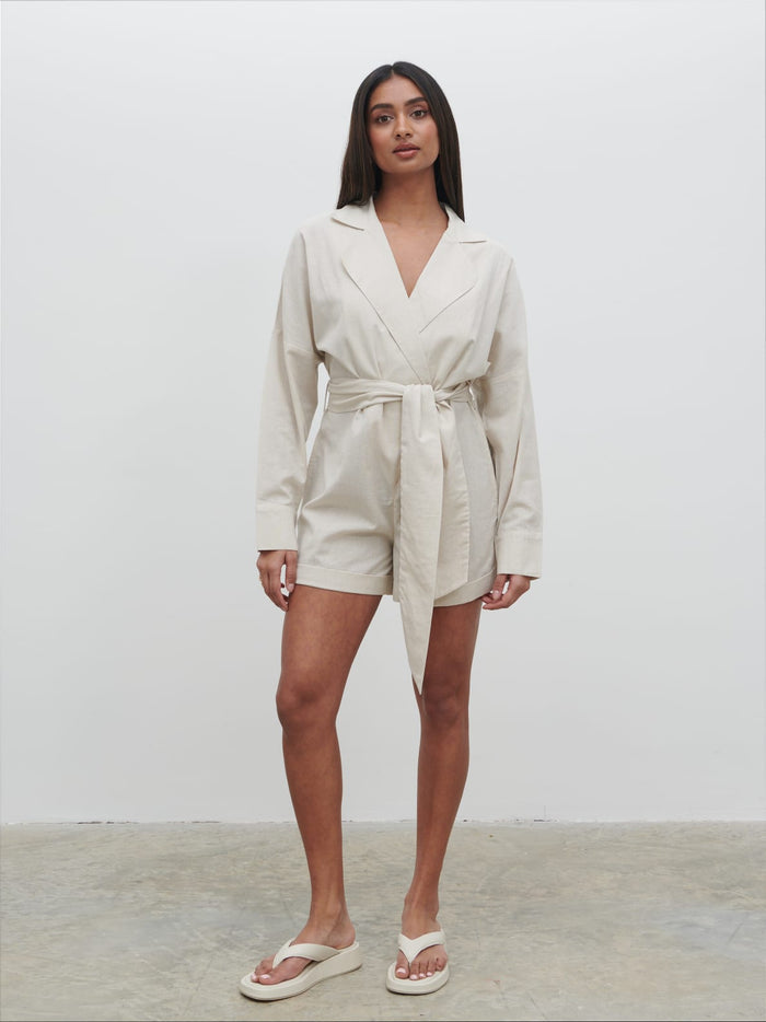 Sachi Is 5’7” & Wears Size UK 8|Emilie Belted Playsuit - Oatmeal