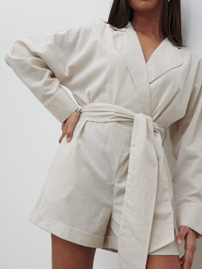 Sachi Is 5’7” & Wears Size UK 8|Emilie Belted Playsuit - Oatmeal