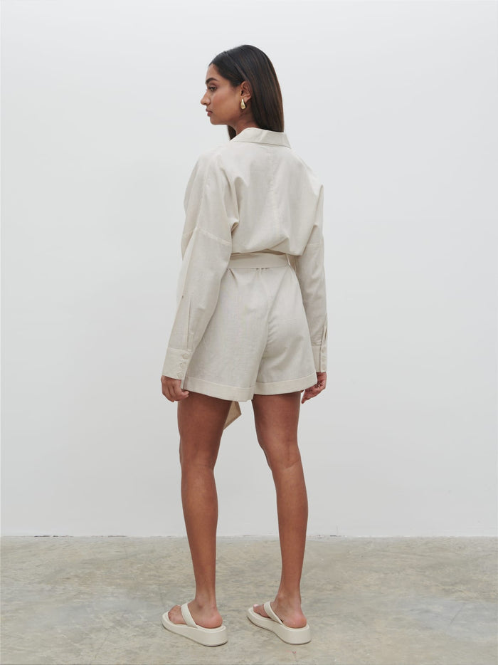 Sachi Is 5’7” & Wears Size UK 8|Emilie Belted Playsuit - Oatmeal