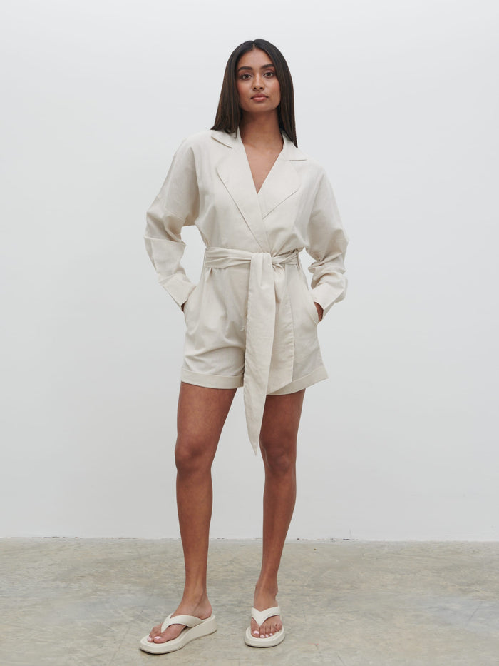 Sachi Is 5’7” & Wears Size UK 8|Emilie Belted Playsuit - Oatmeal