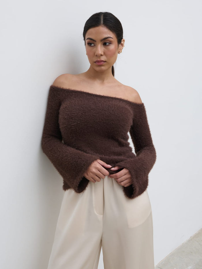 Anne Is 5'7.5" & Wears Size UK S|Erika Bardot Fluffy Knit Top - Chocolate