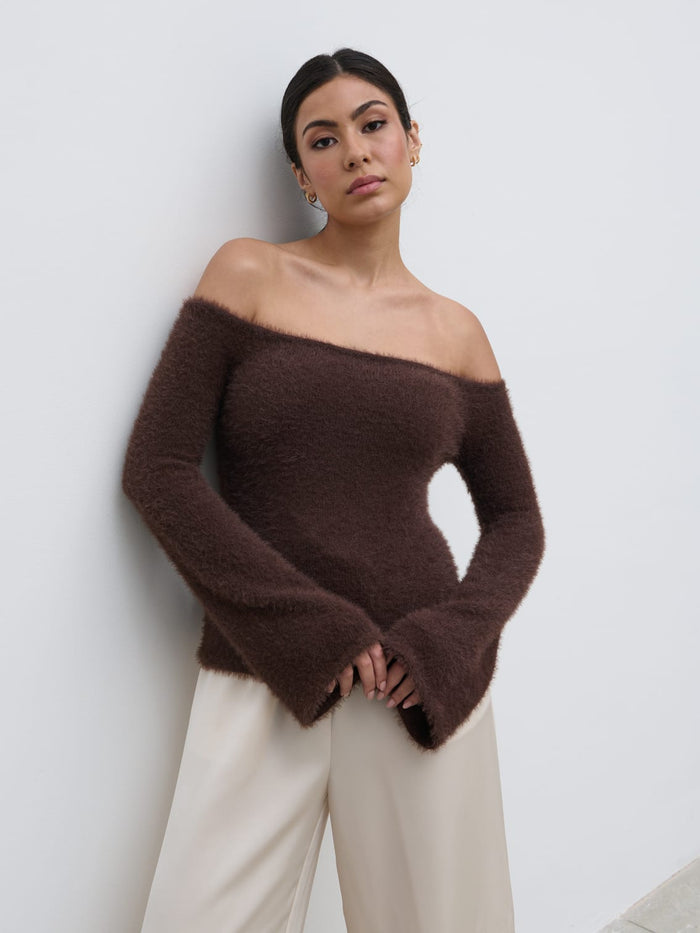Anne Is 5'7.5" & Wears Size UK S|Erika Bardot Fluffy Knit Top - Chocolate