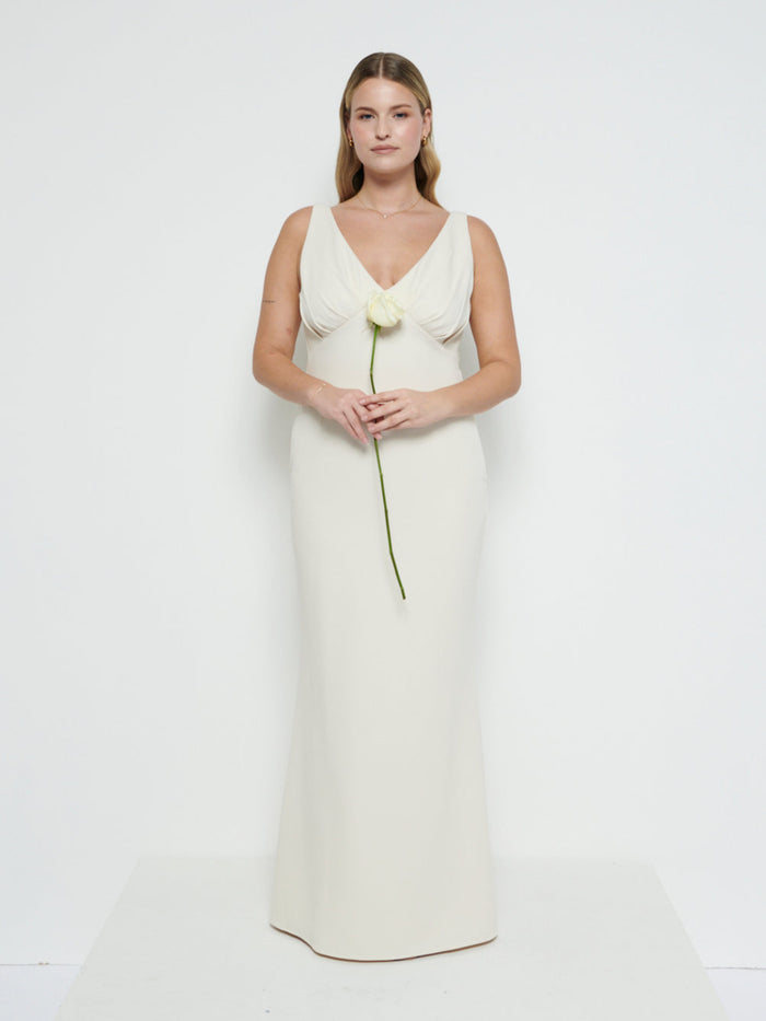 Theo Is 5'8.5" & Wears Size UK 12|Esmee Crepe Maxi Bridesmaid Dress - Champagne