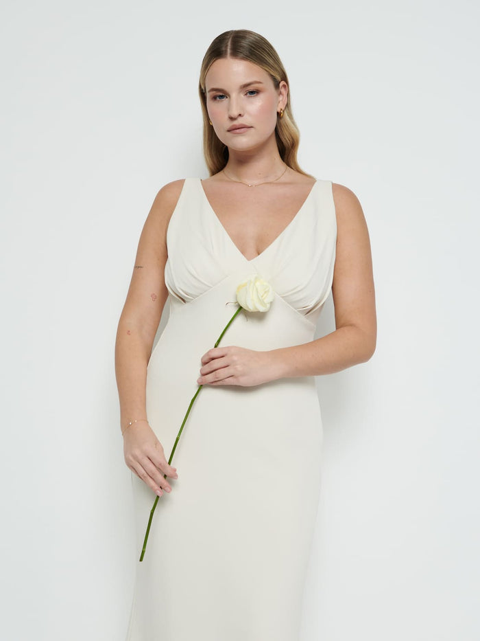 Theo Is 5'8.5" & Wears Size UK 12|Esmee Crepe Maxi Bridesmaid Dress - Champagne