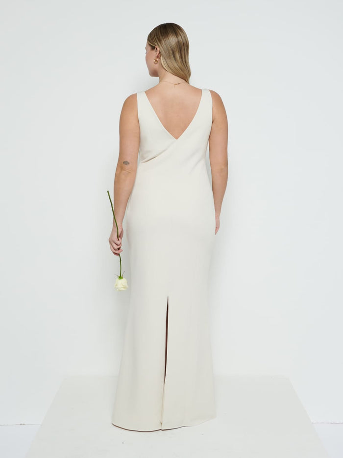Theo Is 5'8.5" & Wears Size UK 12|Esmee Crepe Maxi Bridesmaid Dress - Champagne