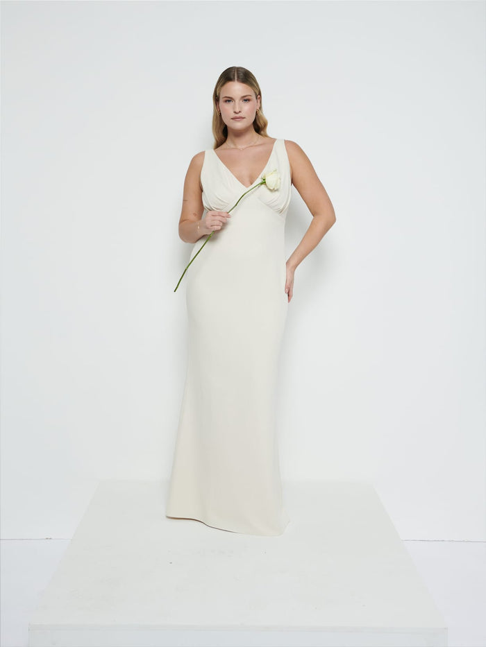 Theo Is 5'8.5" & Wears Size UK 12|Esmee Crepe Maxi Bridesmaid Dress - Champagne
