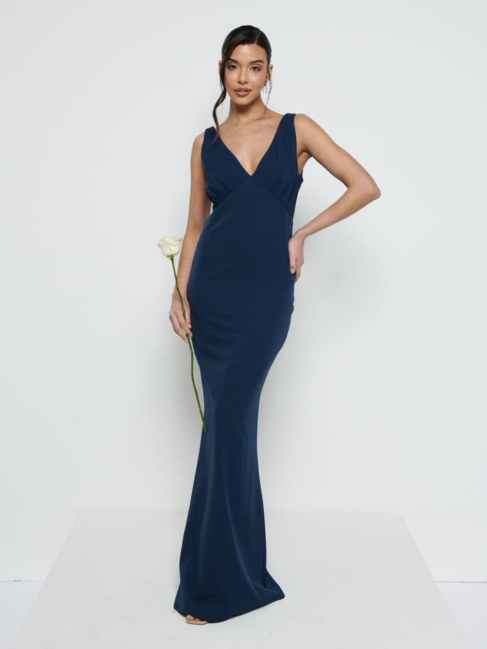 Marina Is 5'7.5" & Wears Size UK 8|Esmee Crepe Maxi Bridesmaid Dress - Navy